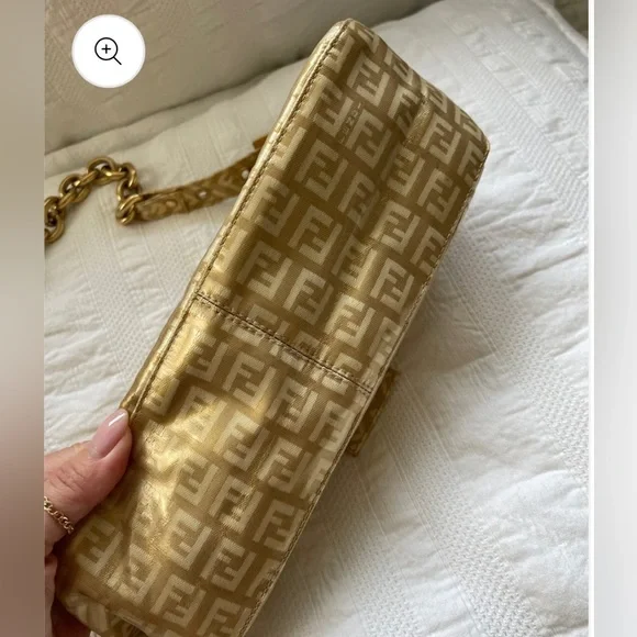 Fendi Baguette Double Flap Bag Zucca FF Canvas Coated Gold Authentic Vintage - Picture 6 of 11